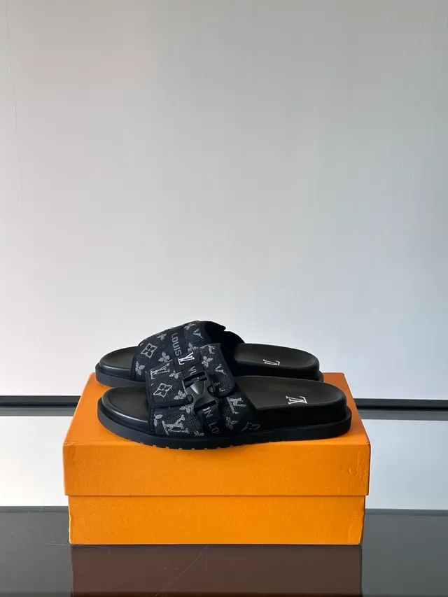 Louis Vuitton Slide Black White Monogram Canvas Double-Strap Slippers 4