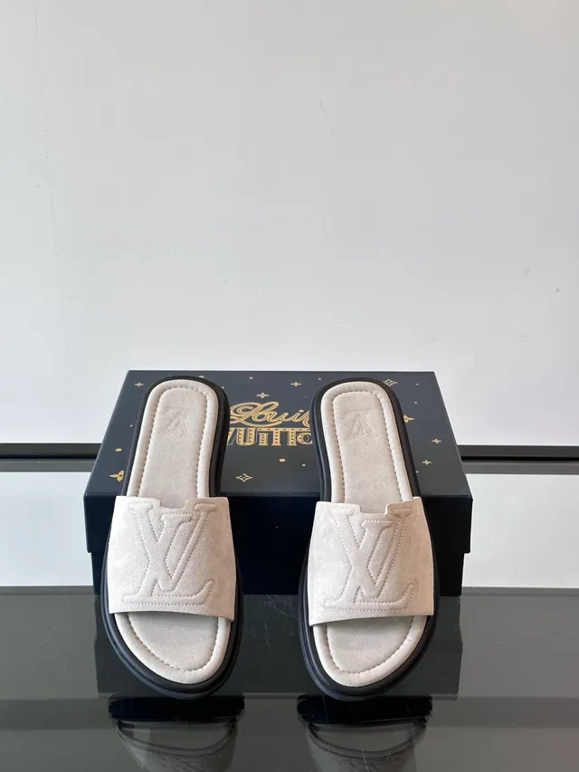 Louis Vuitton Slide Brown Beige Embossed Monogram Suede-Like Upper Slippers 8