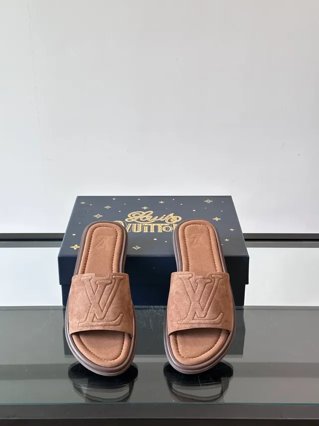Louis Vuitton Slide Brown Beige Embossed Monogram Suede-Like Upper Slippers 9