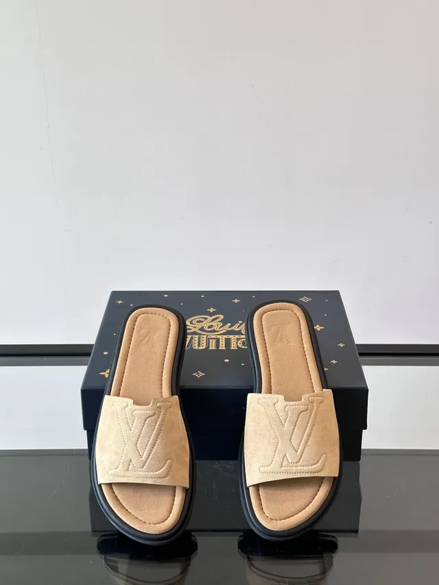 Louis Vuitton Slide Brown Beige Embossed Monogram Suede-Like Upper Slippers 10