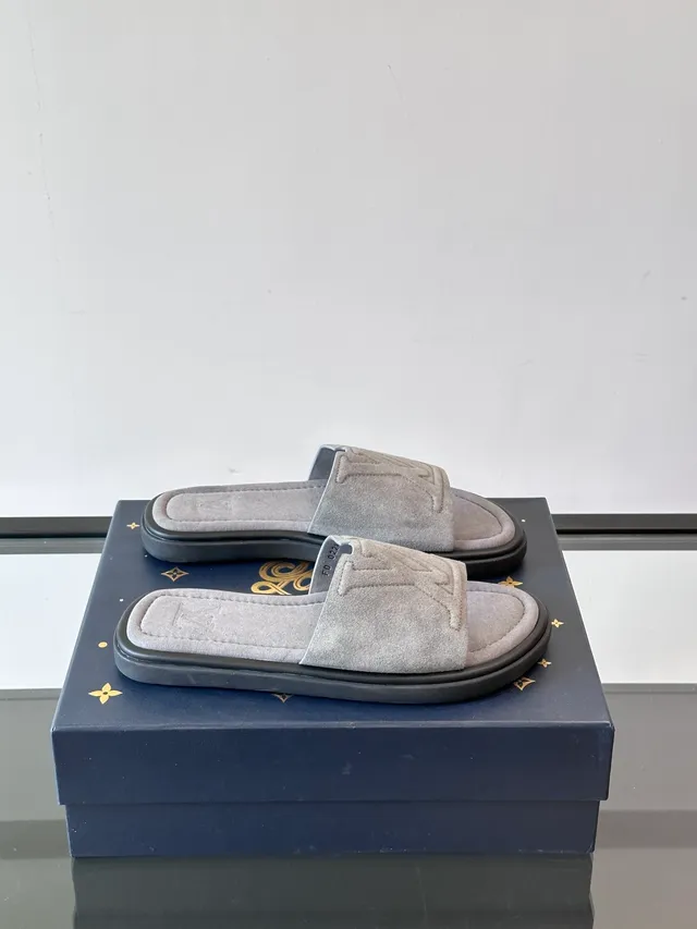 Louis Vuitton Slide Brown Beige Embossed Monogram Suede-Like Upper Slippers 12
