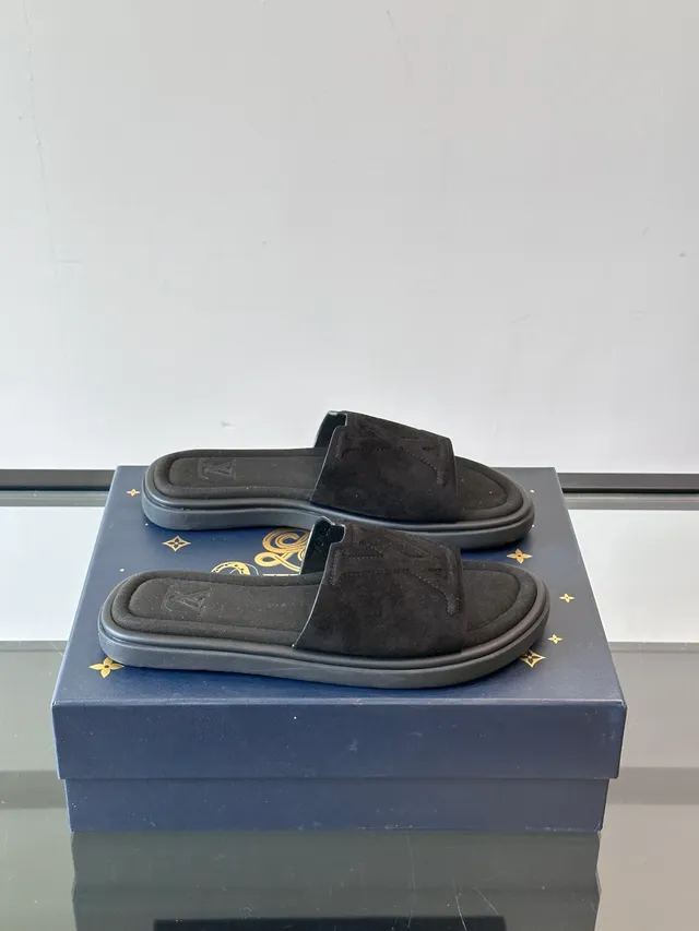 Louis Vuitton Slide Brown Beige Embossed Monogram Suede-Like Upper Slippers 13