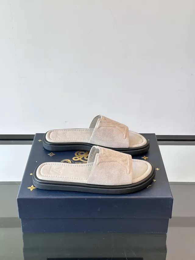 Louis Vuitton Slide Brown Beige Embossed Monogram Suede-Like Upper Slippers 14