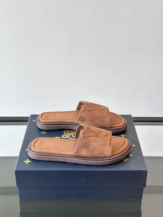 Louis Vuitton Slide Brown Beige Embossed Monogram Suede-Like Upper Slippers 15