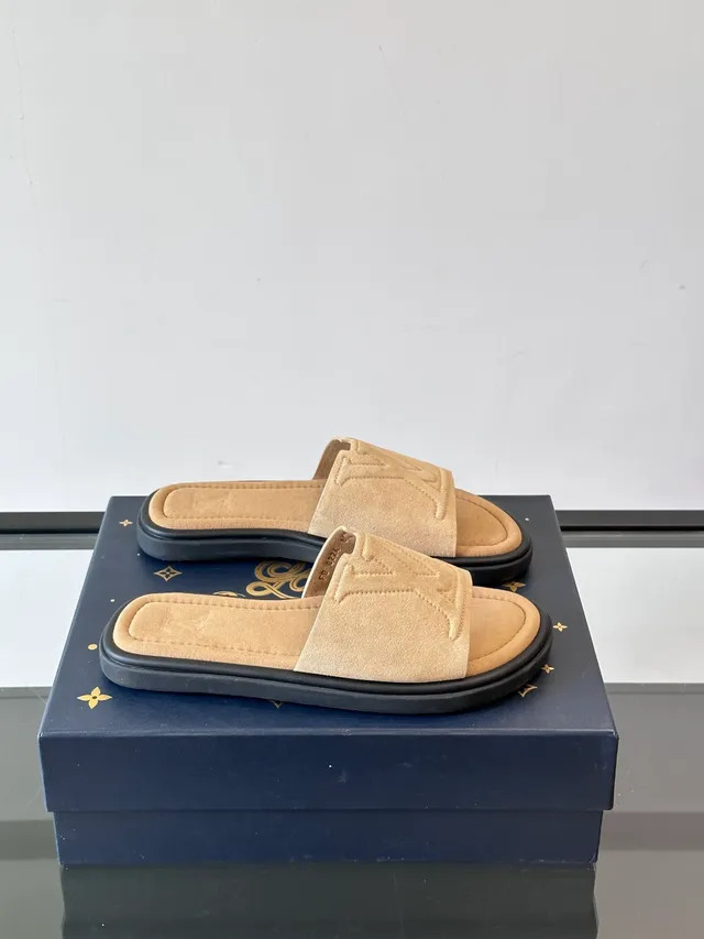 Louis Vuitton Slide Brown Beige Embossed Monogram Suede-Like Upper Slippers 16