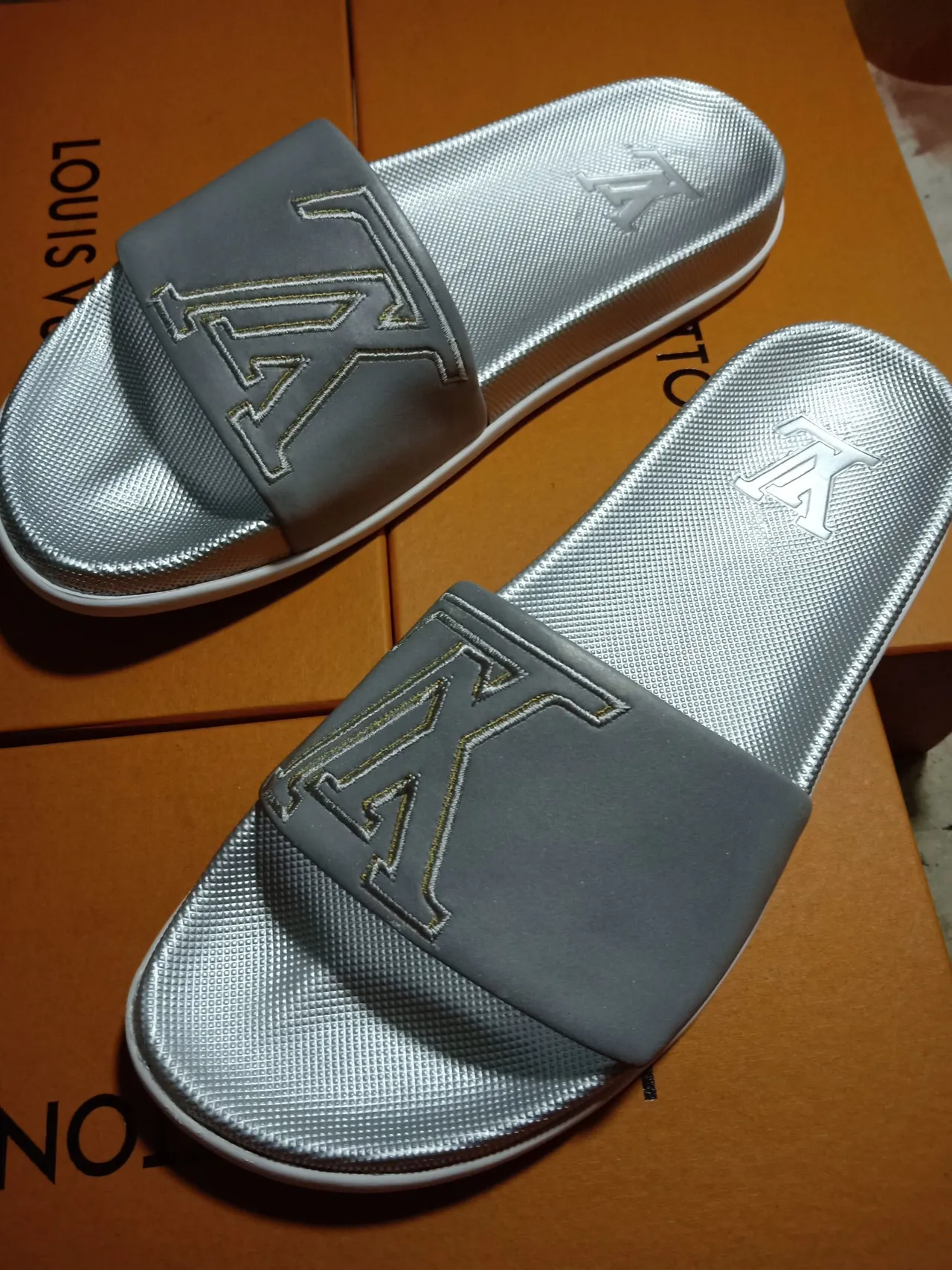 Louis Vuitton Slide Slipper Metallic Silver Gray Slippers 2