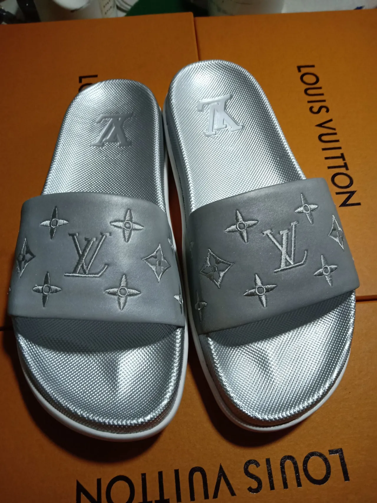 Louis Vuitton Slide Slipper Metallic Silver Gray Slippers 3