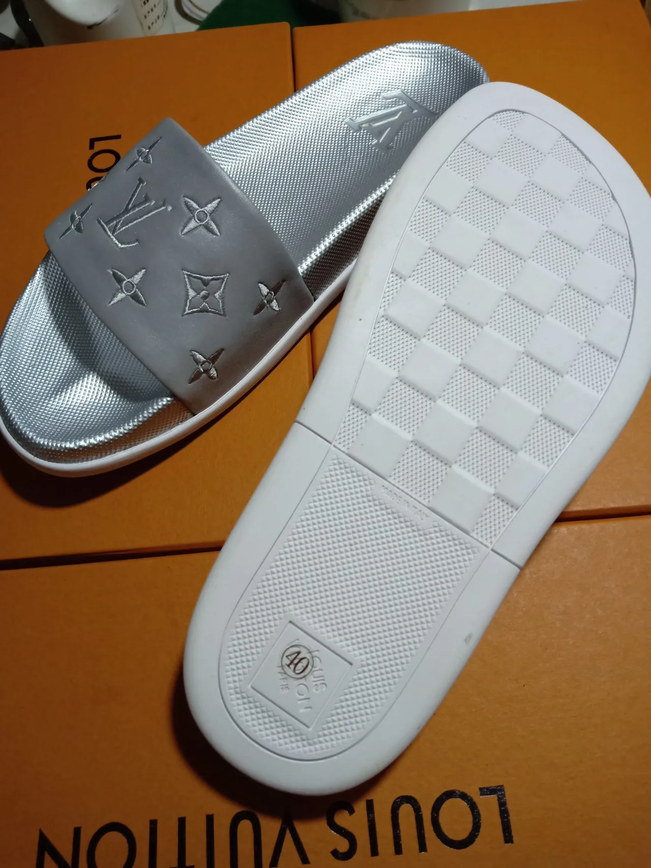 Louis Vuitton Slide Slipper Metallic Silver Gray Slippers 4