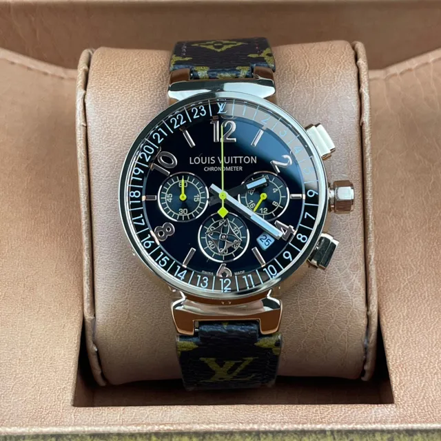 Louis Vuitton Tambour Chronograph Cadran Noir Boîtier Or Rose Bracelet Monogramme Montre Mécanique 2