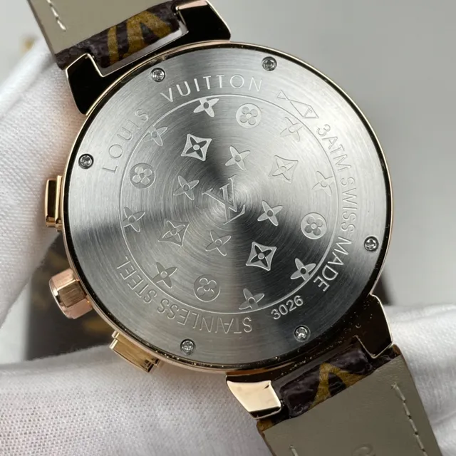 Louis Vuitton Tambour Chronograph Cadran Noir Boîtier Or Rose Bracelet Monogramme Montre Mécanique 5