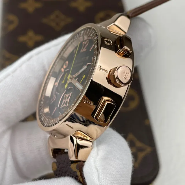 Louis Vuitton Tambour Chronograph Cadran Noir Boîtier Or Rose Bracelet Monogramme Montre Mécanique 6