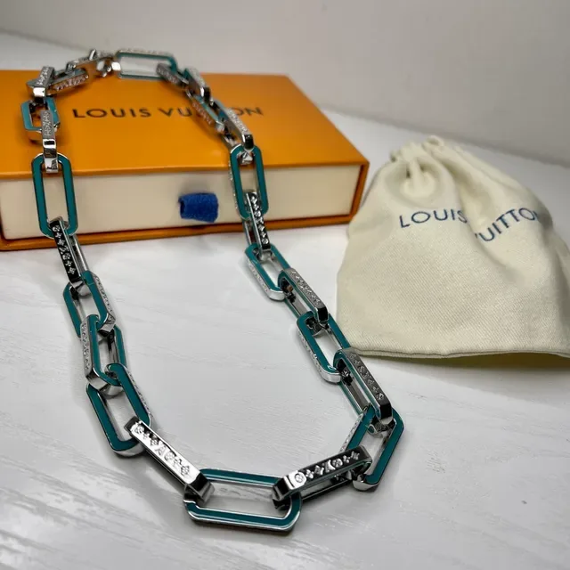 Louis Vuitton Teal Enamel and Pavé Crystal Chain Necklace 2