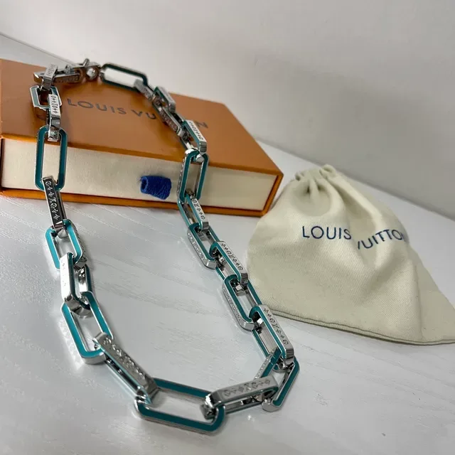 Louis Vuitton Teal Enamel and Pavé Crystal Chain Necklace 9