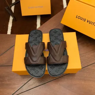 लुई विटन V-Strap स्लिपर भूरा काला Monogram-Embossed रबर सोल स्लिपर्स