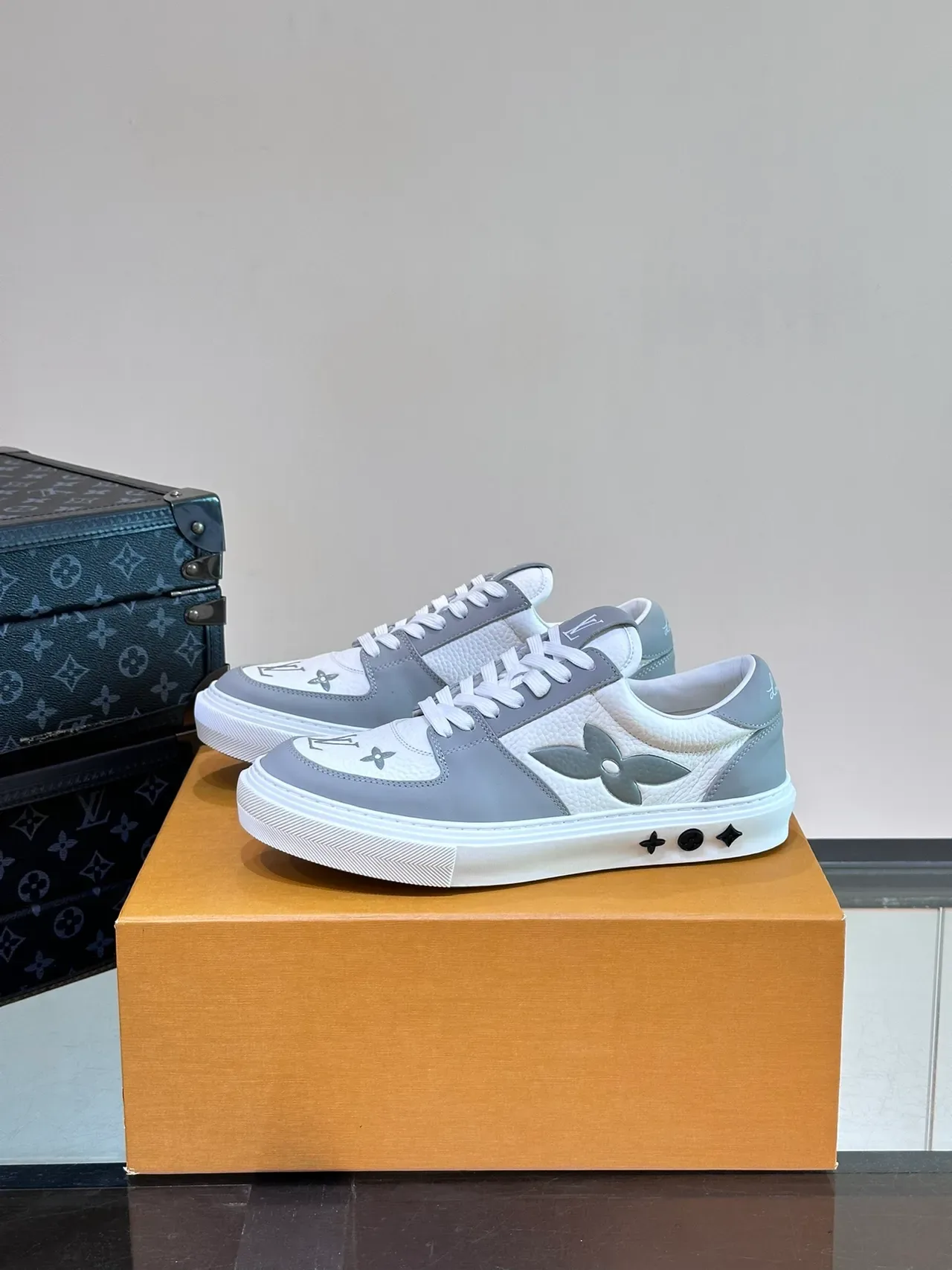 Louis Vuitton Sneakers Lifestyle Blanc et Gris à Panneaux en Cuir, Low-Top 5