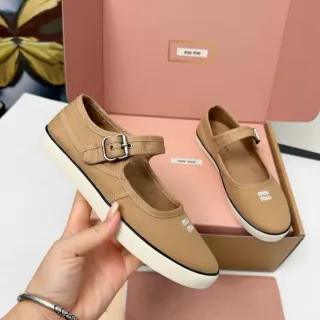 Miu Miu Tan Canvas Buckle Strap Mary Jane Shoes