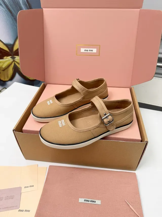 Miu Miu Tan Canvas Buckle Strap Mary Jane Shoes 5