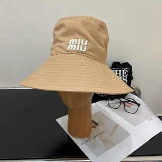 Miu Miu Wander Beige White Embroidered Logo Stitched Brim Bucket Hat
