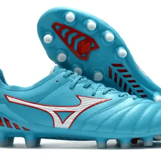 Mizuno Blue Red Quilted Leather Upper Wave Logo Accent Firm-Ground Soccer Shoes