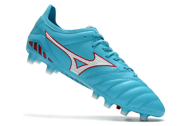 Mizuno Chaussures de football bleu rouge cuir matelassé accent logo Wave terrain ferme 2
