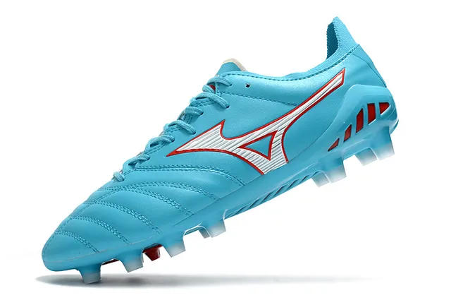 Mizuno Chaussures de football bleu rouge cuir matelassé accent logo Wave terrain ferme 3