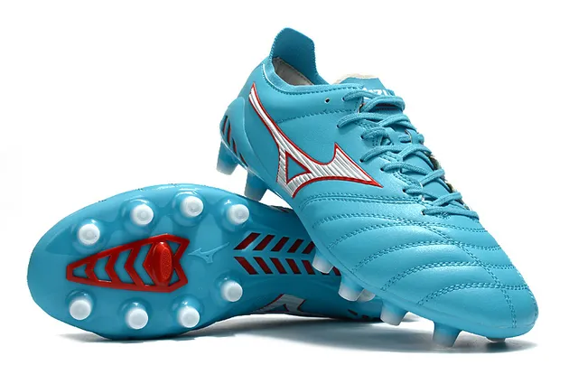 Mizuno Chaussures de football bleu rouge cuir matelassé accent logo Wave terrain ferme 4