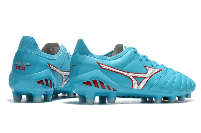 Mizuno Chaussures de football bleu rouge cuir matelassé accent logo Wave terrain ferme 5