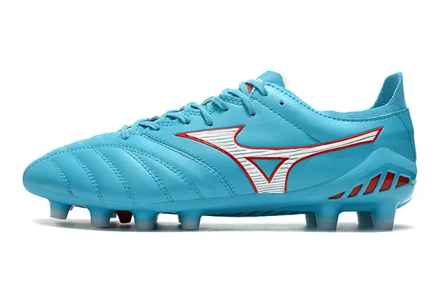 Mizuno Chaussures de football bleu rouge cuir matelassé accent logo Wave terrain ferme 7