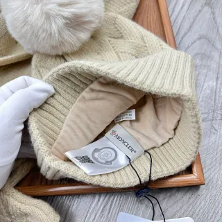 Moncler Beige Knitted Cable Pattern Ribbed Fold-Over Cuff Beanie