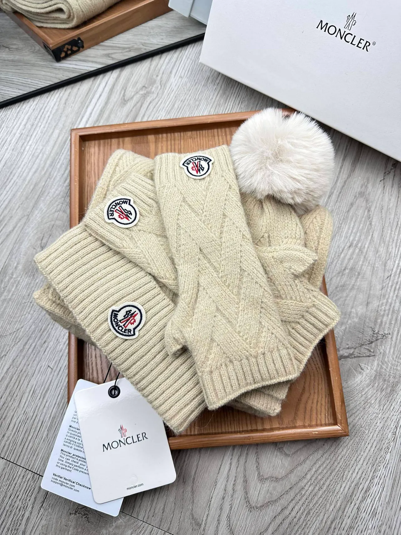Moncler Beige Knitted Cable Pattern Ribbed Fold-Over Cuff Beanie 3