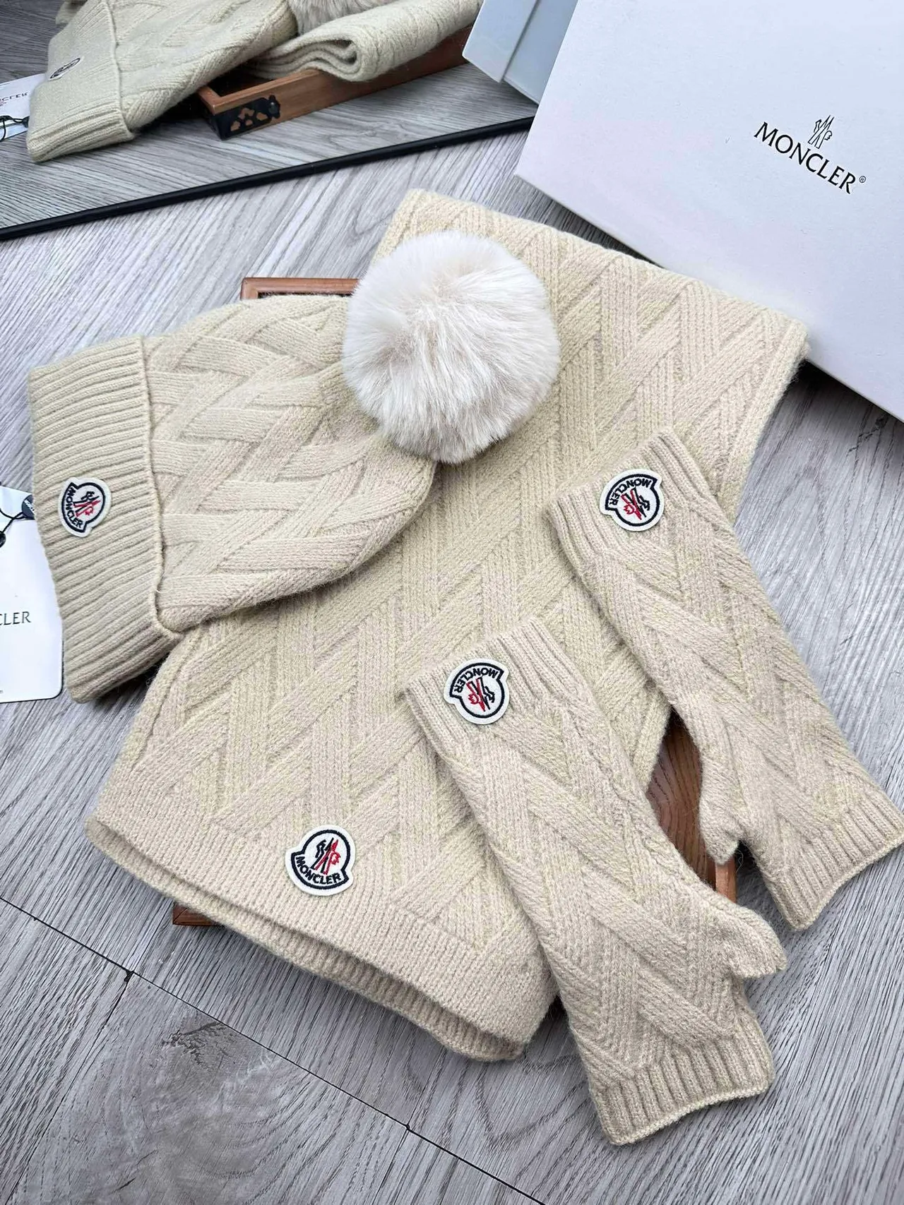 Moncler Beige Knitted Cable Pattern Ribbed Fold-Over Cuff Beanie 4