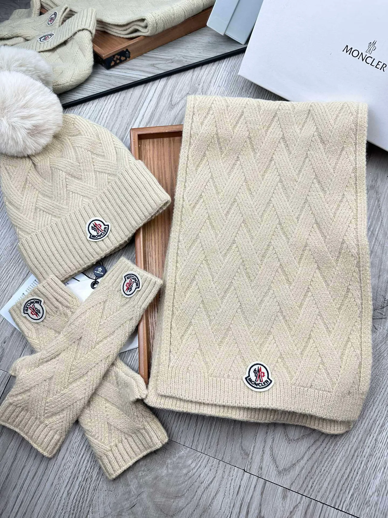 Moncler Beige Knitted Cable Pattern Ribbed Fold-Over Cuff Beanie 5