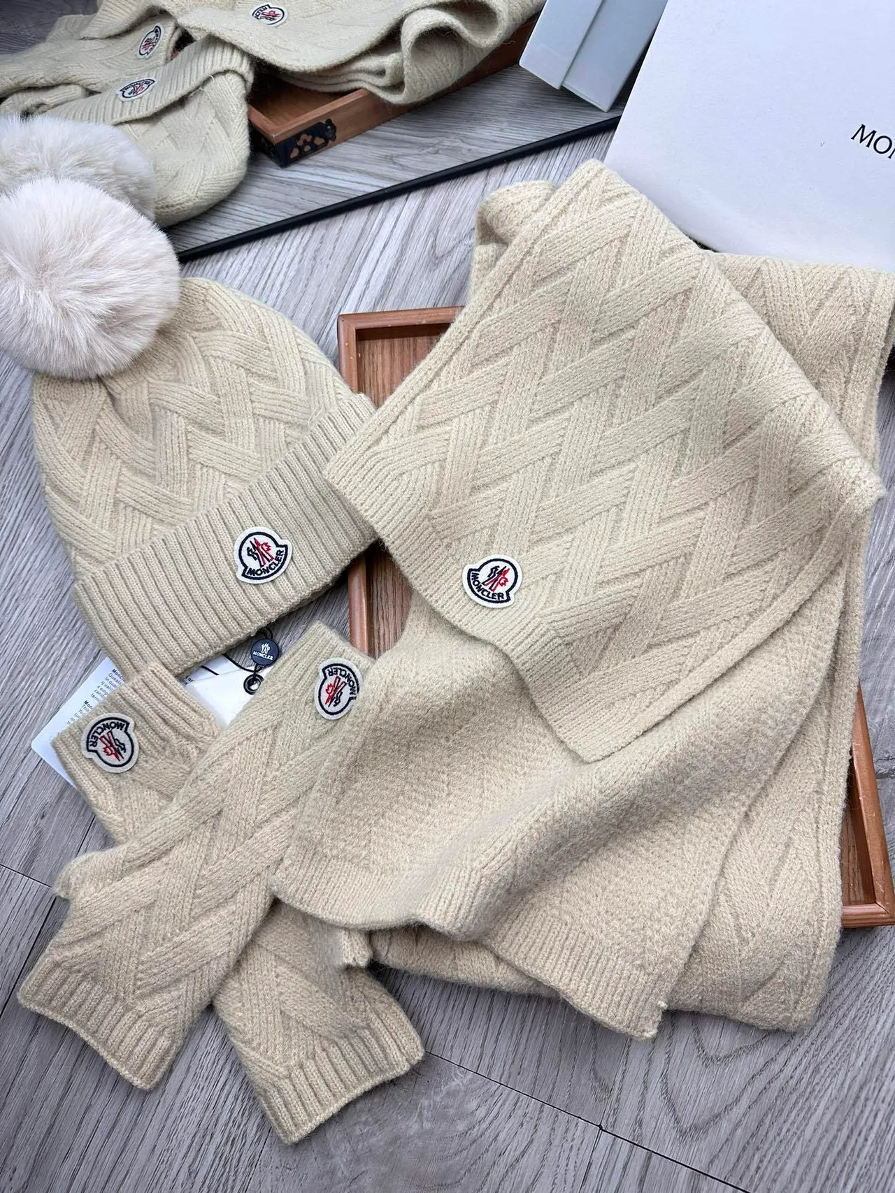 Moncler Beige Knitted Cable Pattern Ribbed Fold-Over Cuff Beanie 6