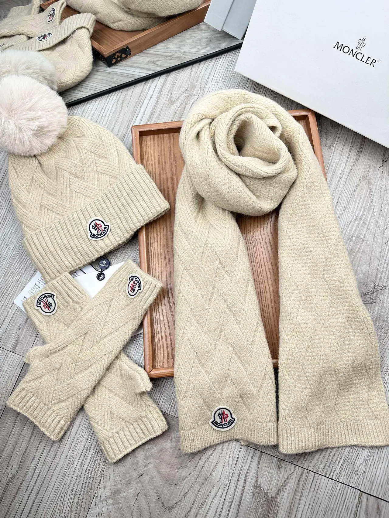 Moncler Beige Knitted Cable Pattern Ribbed Fold-Over Cuff Beanie 7