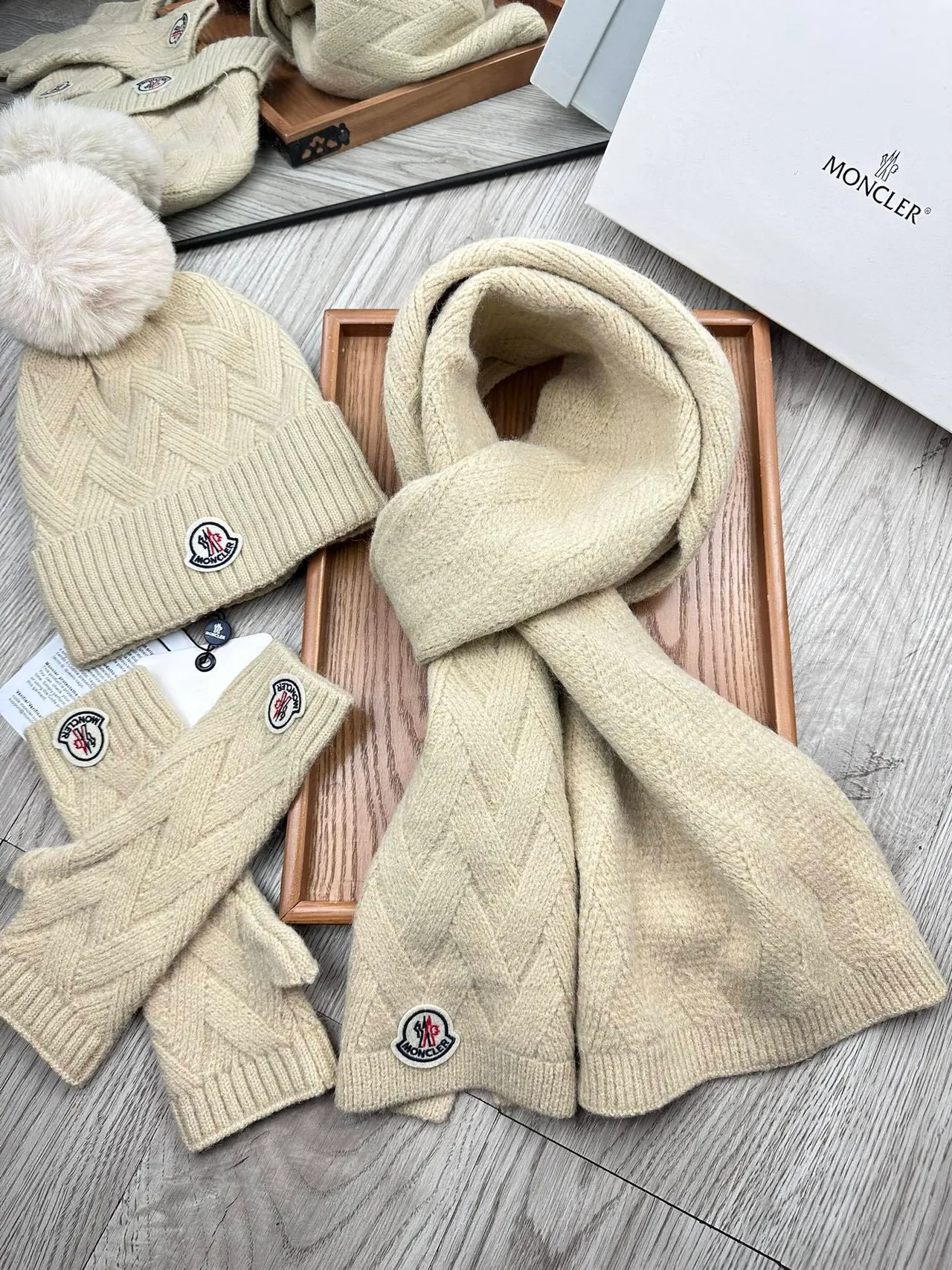 Moncler Beige Knitted Cable Pattern Ribbed Fold-Over Cuff Beanie 8