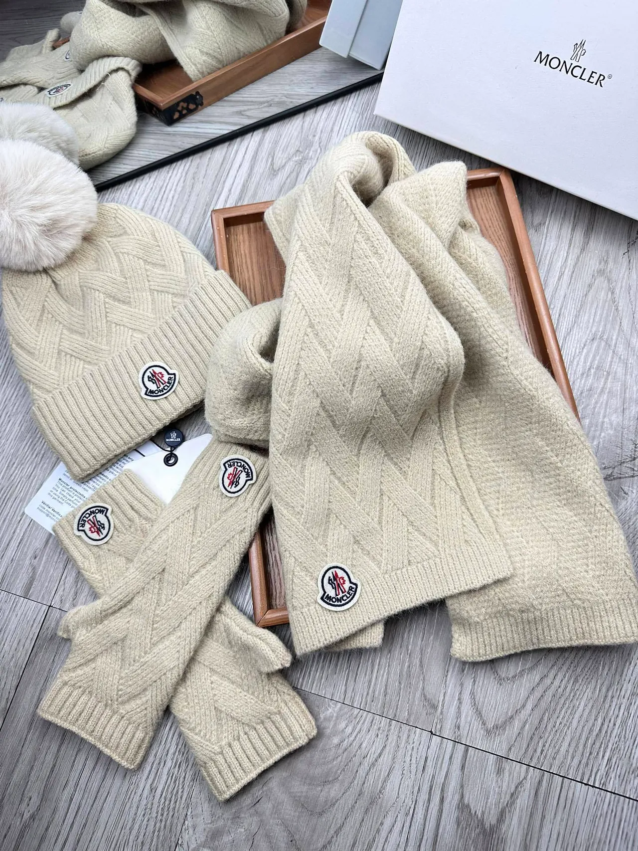 Moncler Beige Knitted Cable Pattern Ribbed Fold-Over Cuff Beanie 9