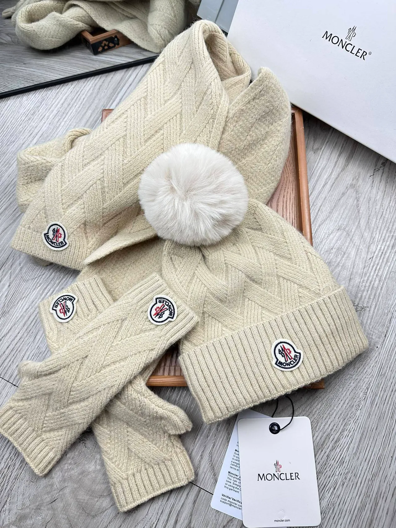 Moncler Beige Knitted Cable Pattern Ribbed Fold-Over Cuff Beanie 10