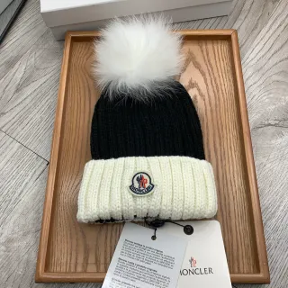 Moncler Black Beige Ribbed Knit Two-Tone Beanie