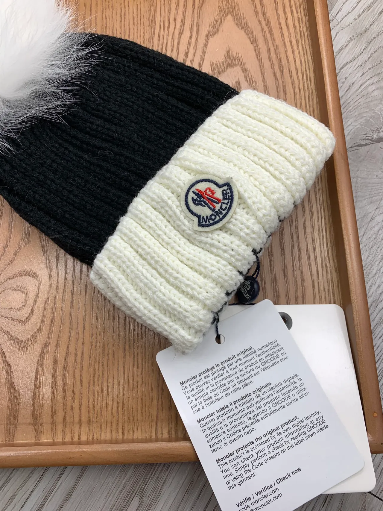 Moncler Noir Beige Tricoté côtelé Deux Tons Bonnet 5