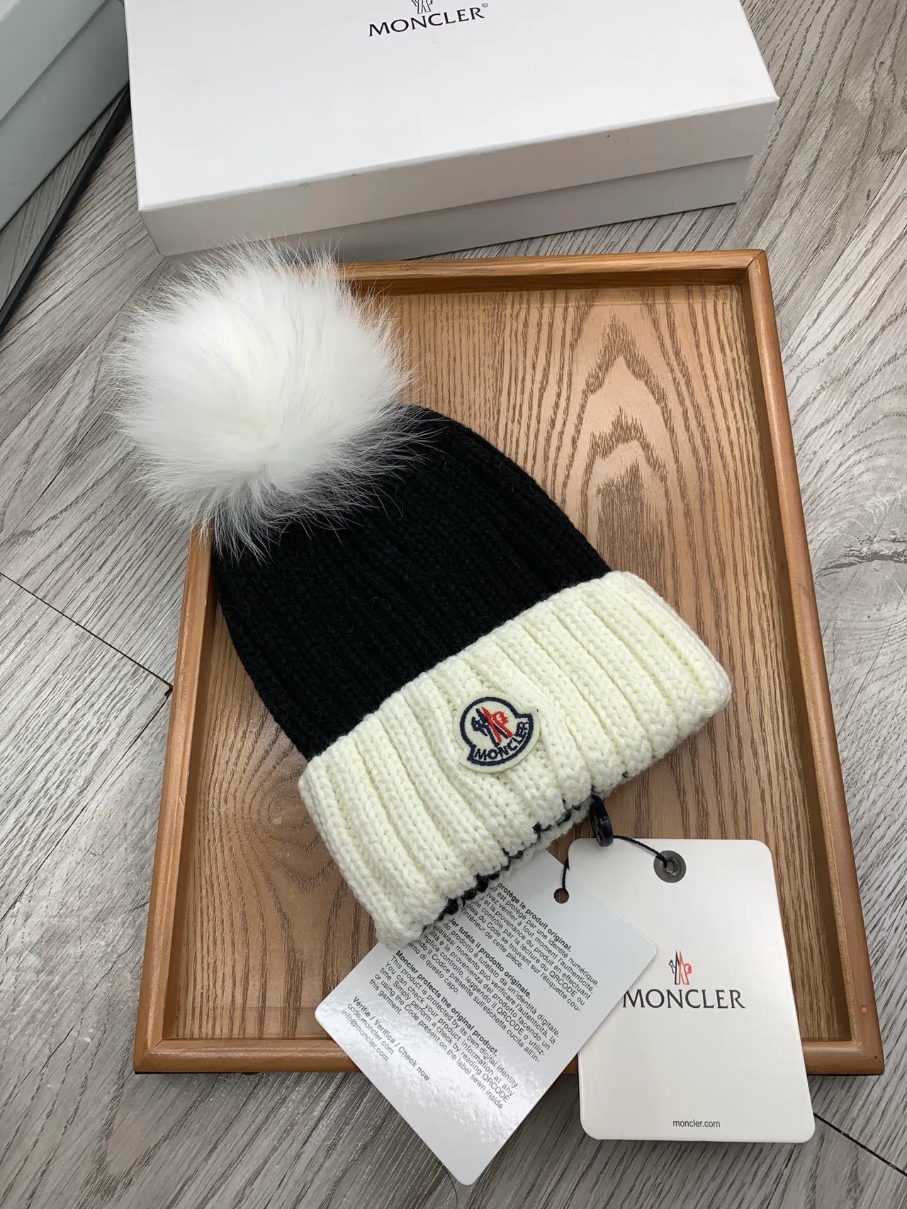 Moncler Noir Beige Tricoté côtelé Deux Tons Bonnet 8
