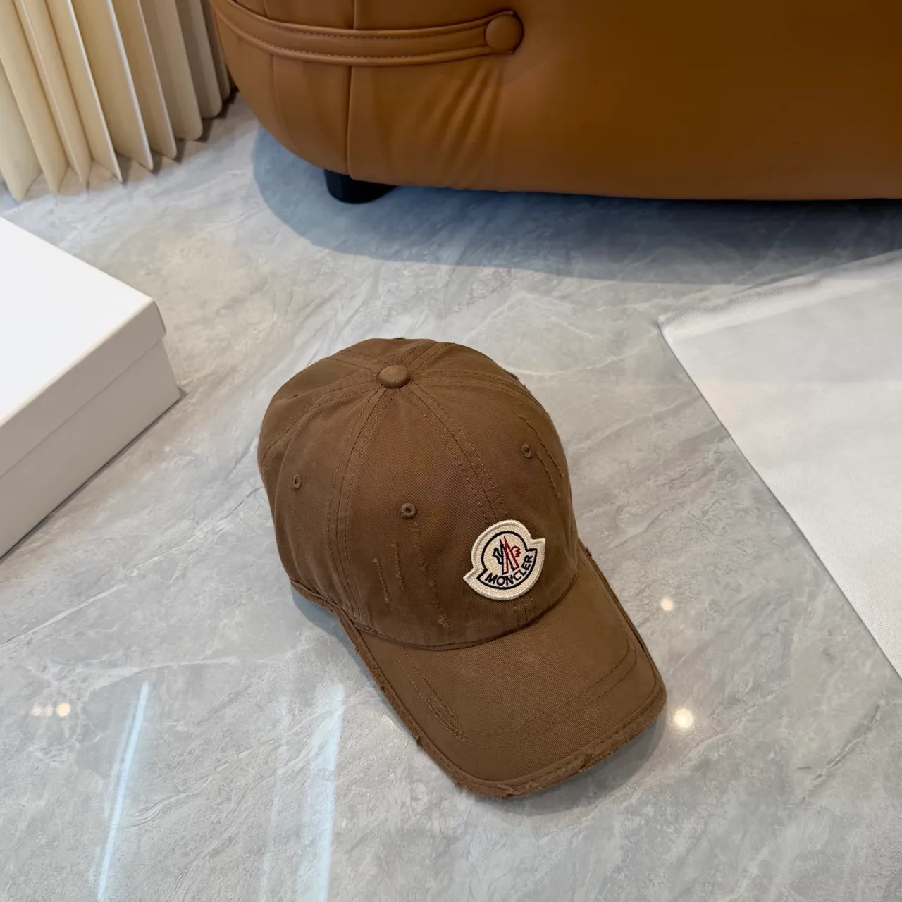 Moncler Brown Beige Distressed Cotton Twill Embroidered Logo Patch Baseball Cap 4