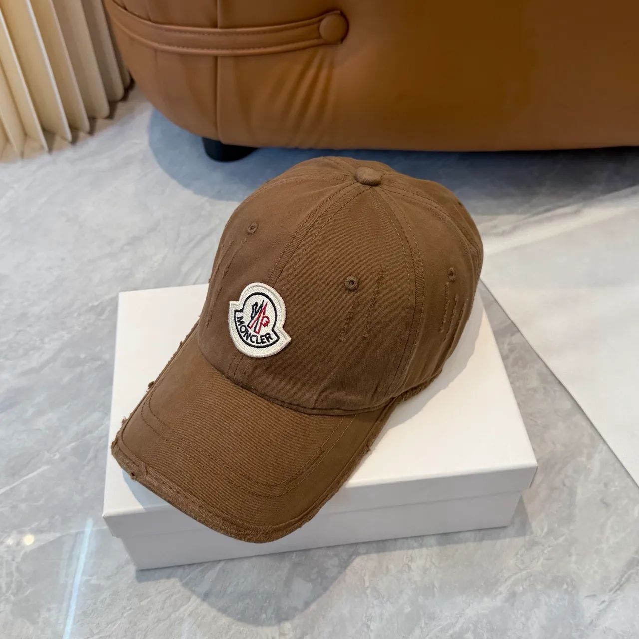 Moncler Brown Beige Distressed Cotton Twill Embroidered Logo Patch Baseball Cap 5