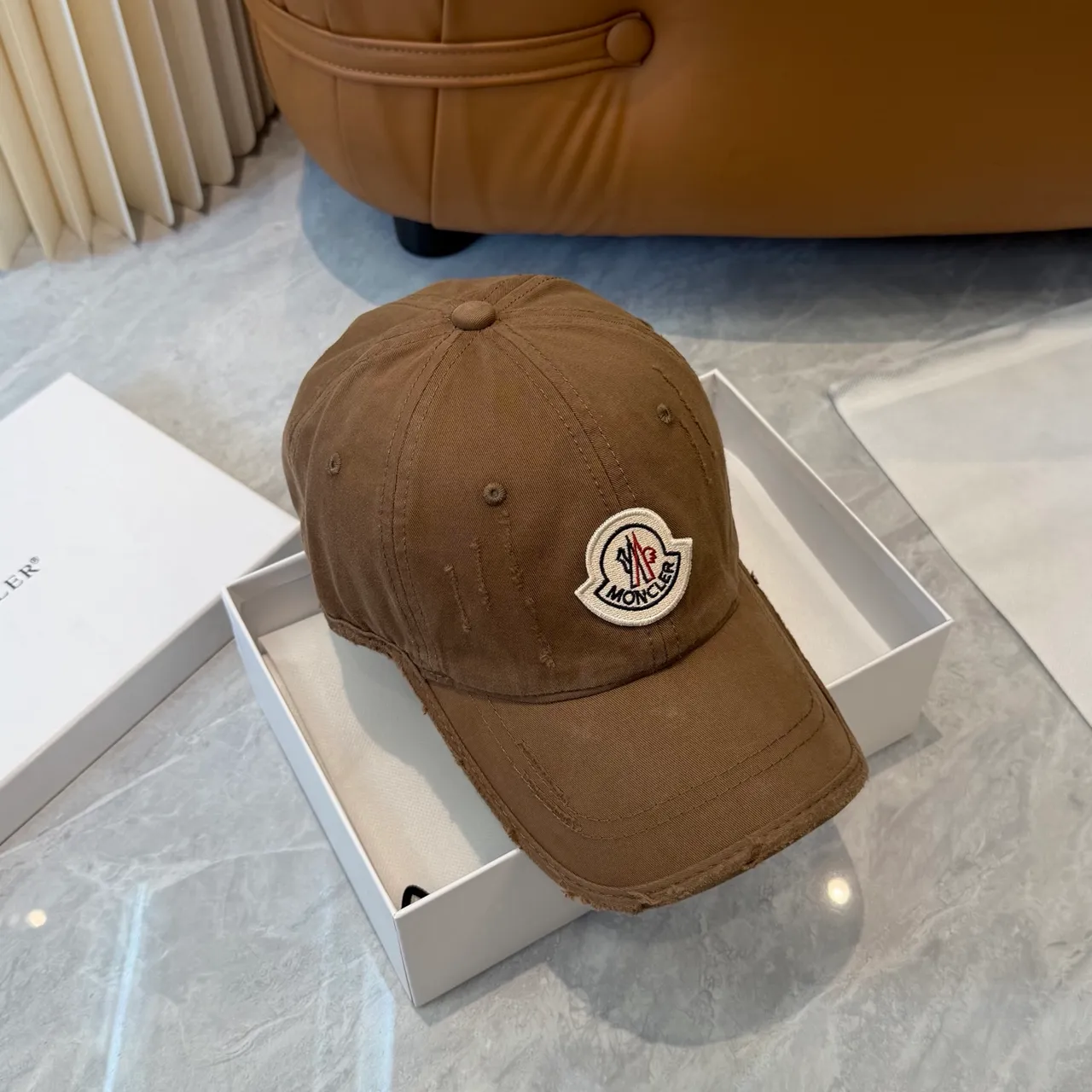 Moncler Brown Beige Distressed Cotton Twill Embroidered Logo Patch Baseball Cap 6