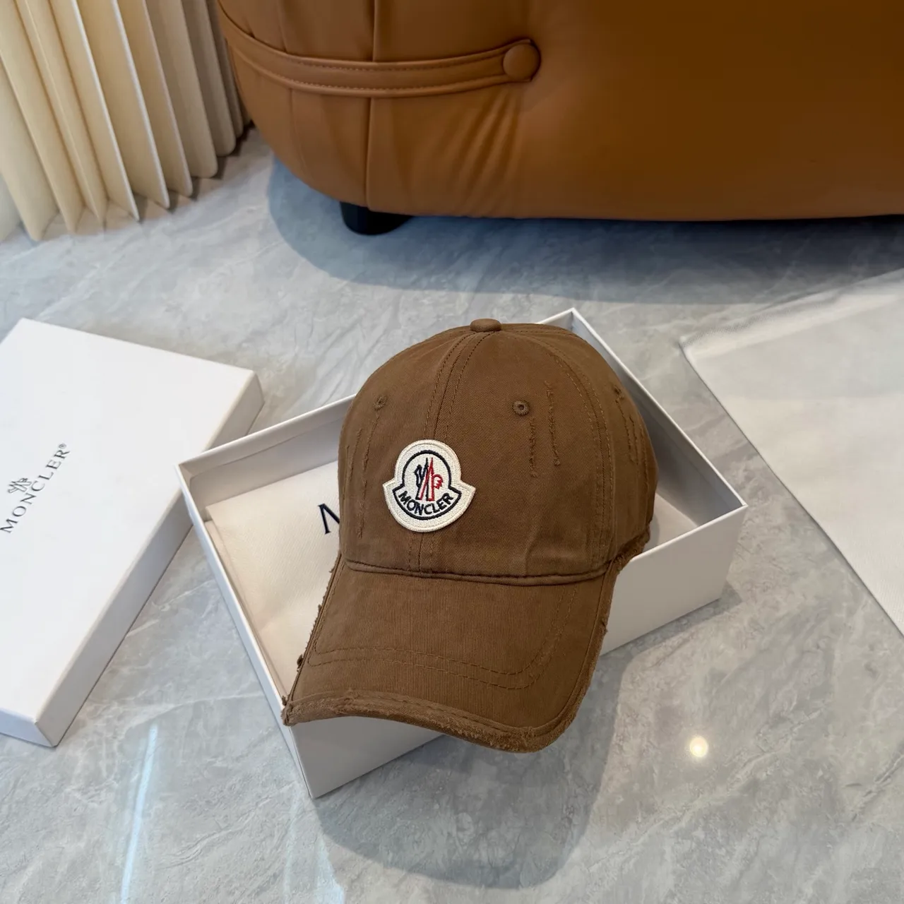 Moncler Brown Beige Distressed Cotton Twill Embroidered Logo Patch Baseball Cap 9