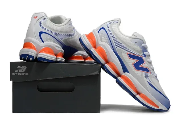 New Balance 9060 Blanc Bleu Segmented Orange Mediasole Pods Maille et Recouvrement Synthétique Supérieur Sneakers Chunky 6