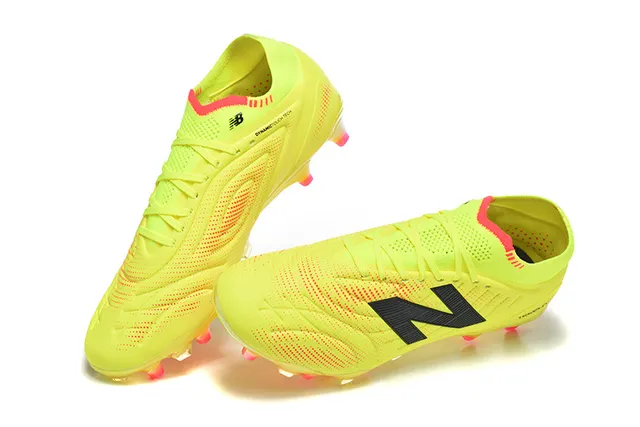 New Balance Tekela Amarelo Laranja Baixo Corte Colar Tricotado Cadarço Assimétrico Sapatos de Futebol Campo Firme 2