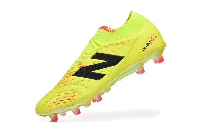 New Balance Tekela Amarelo Laranja Baixo Corte Colar Tricotado Cadarço Assimétrico Sapatos de Futebol Campo Firme 4