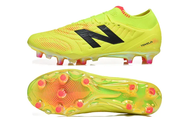 New Balance Tekela Amarelo Laranja Baixo Corte Colar Tricotado Cadarço Assimétrico Sapatos de Futebol Campo Firme 9