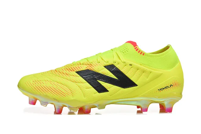 New Balance Tekela Amarelo Laranja Baixo Corte Colar Tricotado Cadarço Assimétrico Sapatos de Futebol Campo Firme 10