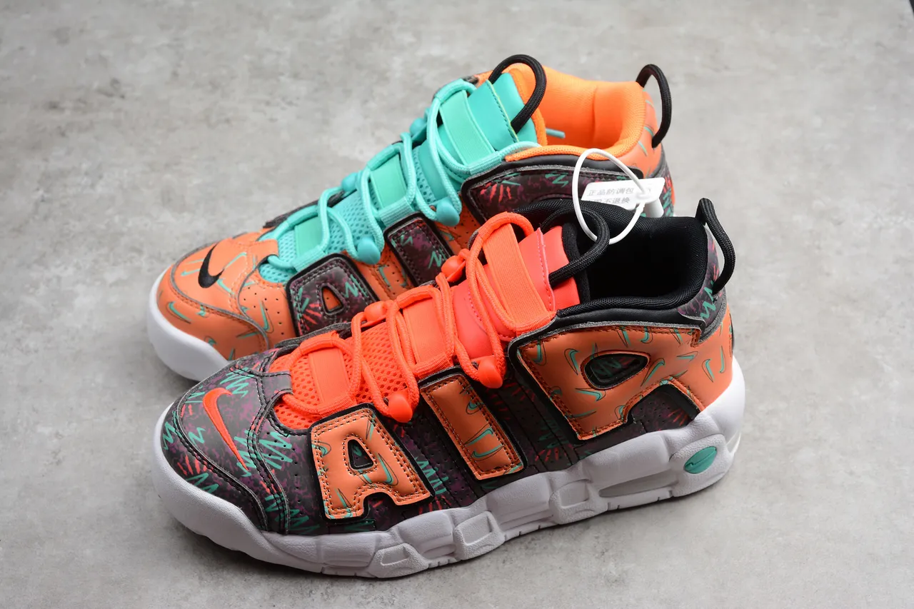 Nike Air More Uptempo Orange, Noir, Turquoise Graphique Chaussures de Basketball 9